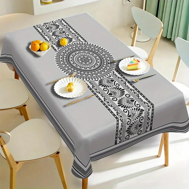 1Pc Modern Style Tablecloth Gray Mandala Floral Print Table Cover For Dining Room Kitchen Party Dustproof Oilproof Decorative