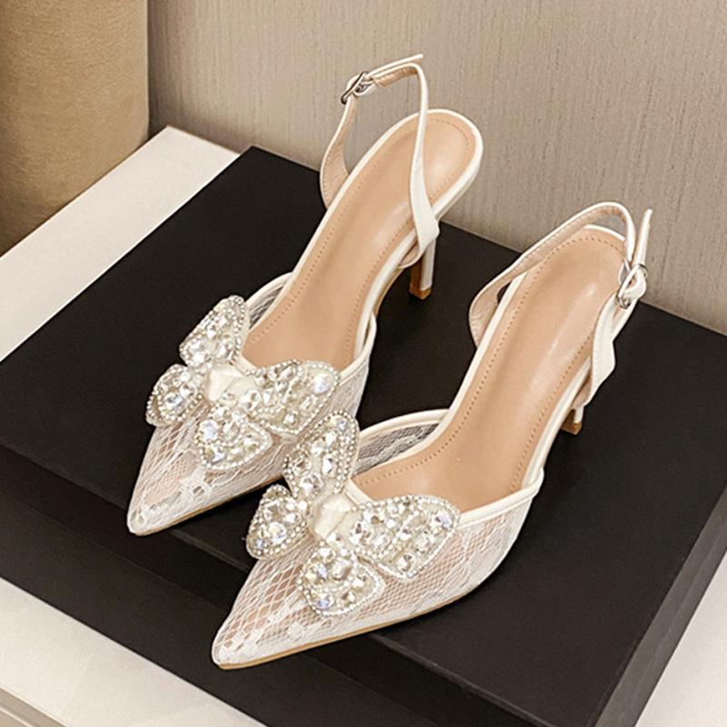 Fashion Liyke New Fashion Crystal Diamond Bowknot Women Pumps Sexy Mesh Pointed Toe White High Heels Wedding Prom Shoes Stiletto Sandals
