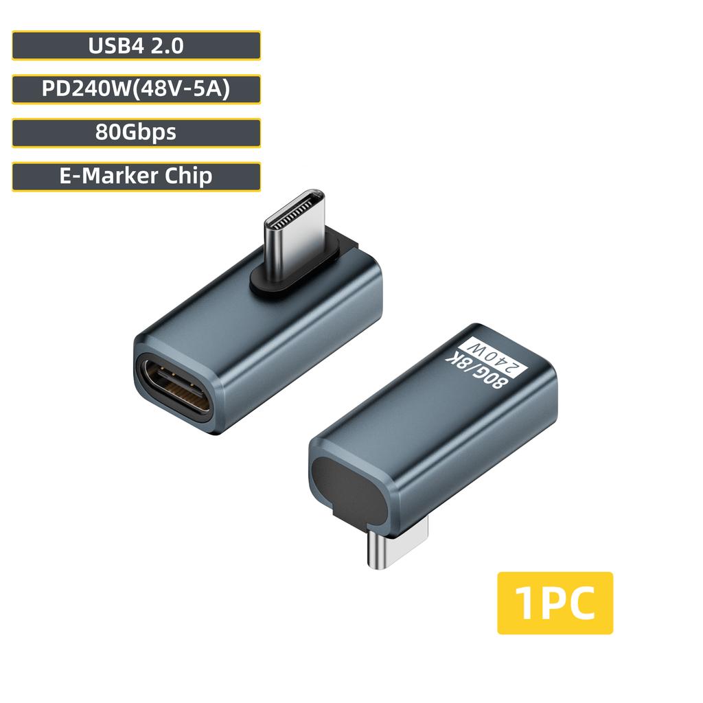 USB4 V2 90 Degree Type C Angle Adapter 80Gbps Thunderbolt 5 4 3 Elbow Adapter 240W USB-C Cable Connector 40Gbps for MacBook Air