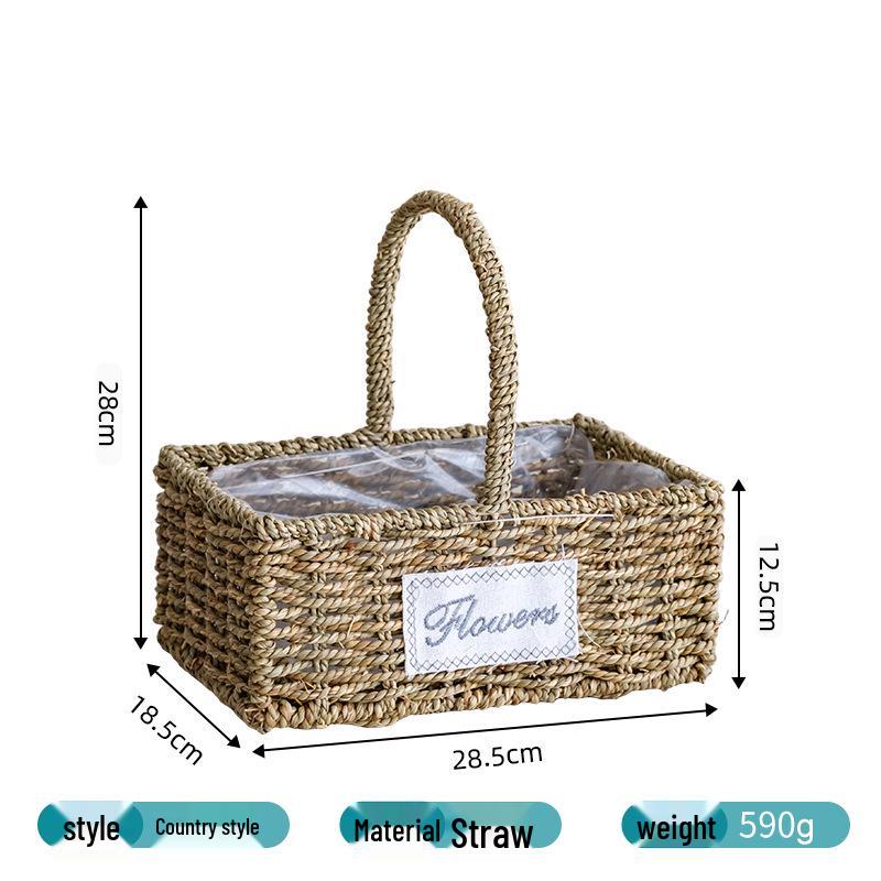 Pastoral Handmade Straw Flower Basket for Faux Bonsai Display - Creative Woven Design for Living Room or Balcony