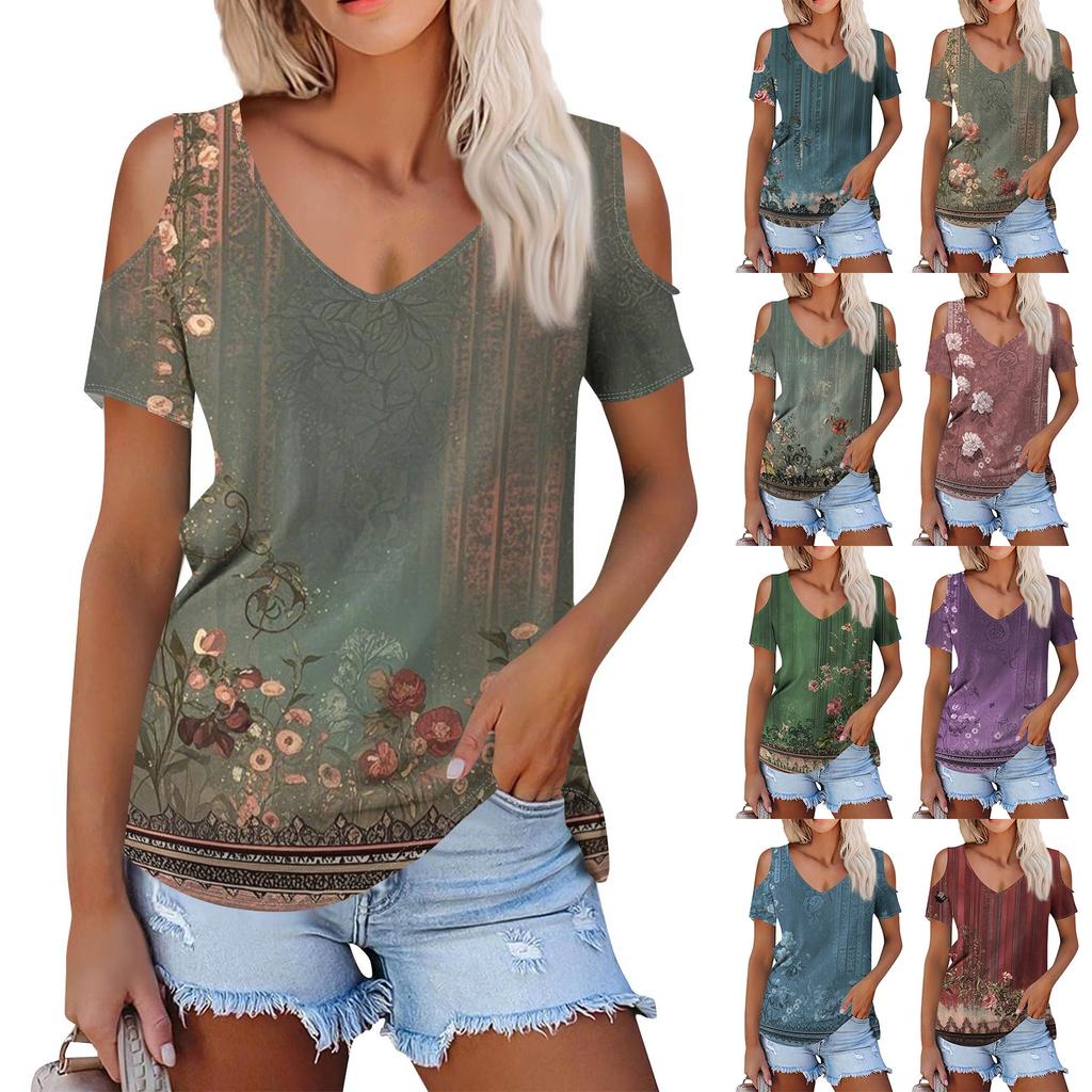 Dámské letní módní ležérní květinové tištěné tričko bez ramínek s výstřihem do V a krátkým rukávem