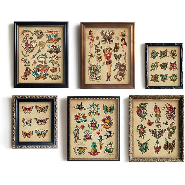 Tattoo Shop Wall Decoration - Old School Tattoo Pictures - Vintage Tattoo Poster Picture Set - Gift for Tattooist - Tattoo Flash Wall Art & Decor -
