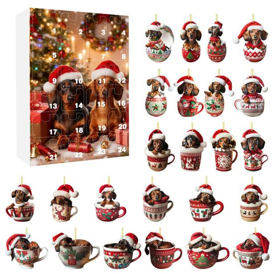 2025 Dackel in Tasse Adventskalender 24-Tage Weihnachts-Countdown-Box mit Acryl-Ornamenten Süßes Geschenk für Hundeliebhaber