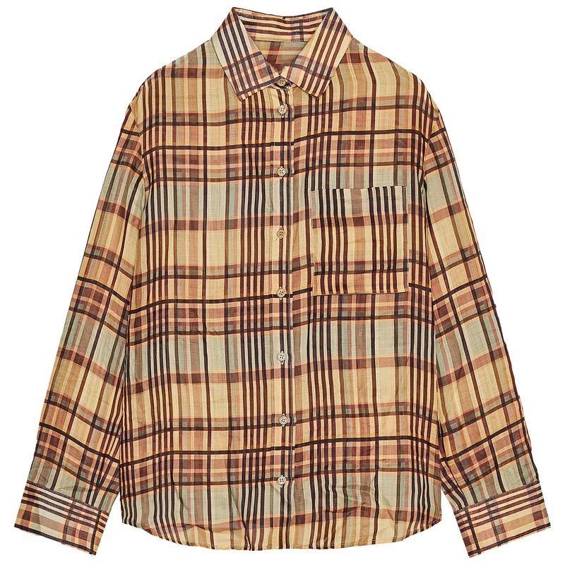 

Zaprha 2025 Autumn New Yellow Retro Versitile Ramie Plaid Lapel Long sleeve Shirts 8379031 Yellow L