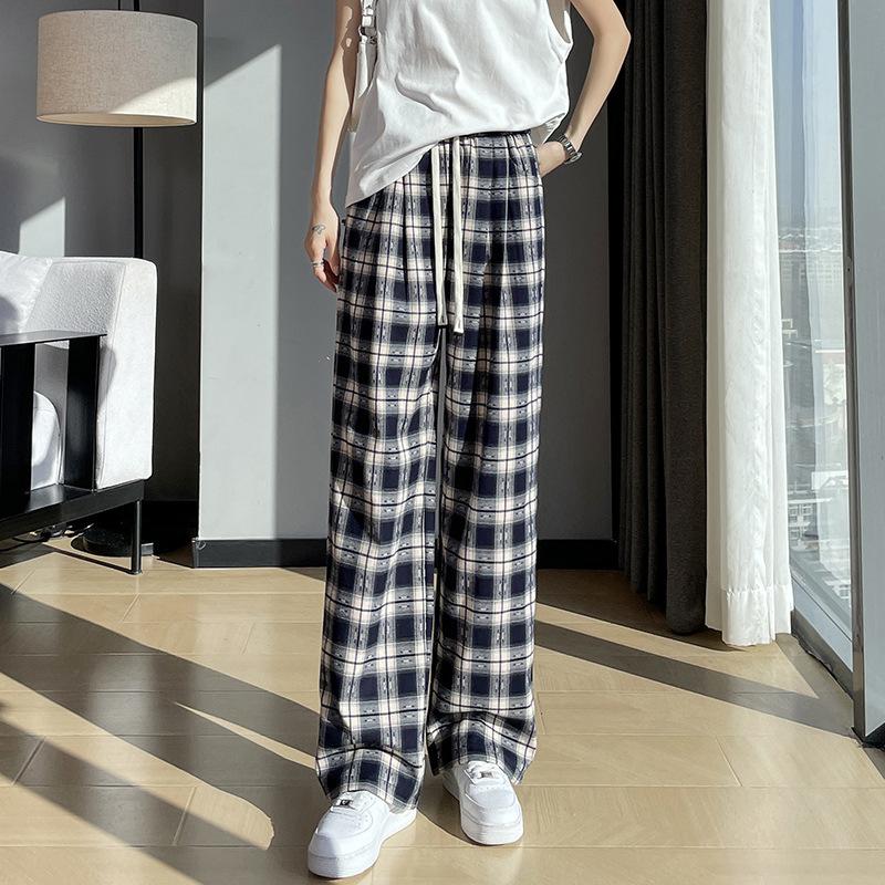 Retro Checkered Thin Wide-leg Pants Loose and Casual Small-sized Sun-proof and Mosquito-proof Straight-leg Pants