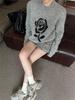 Sweet Lazy Rose Long Sleeve Knit Sweater - Women's Loose Warm Jacquard Top for Autumn Winter