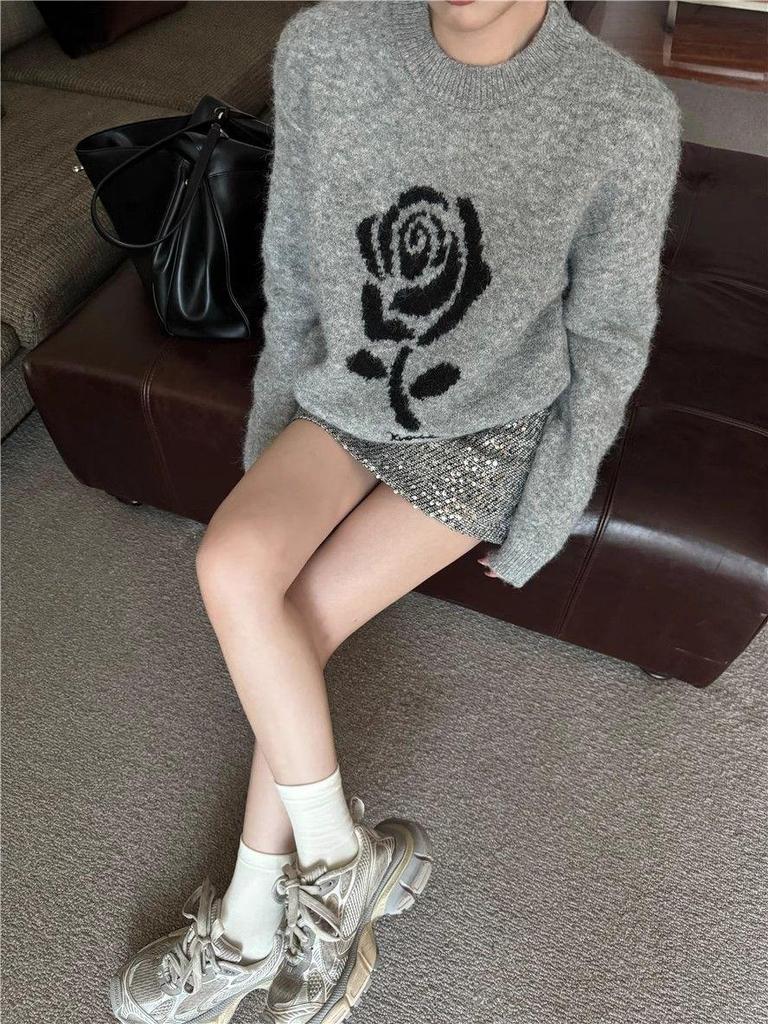 Sweet Lazy Rose Long Sleeve Knit Sweater - Women's Loose Warm Jacquard Top for Autumn Winter