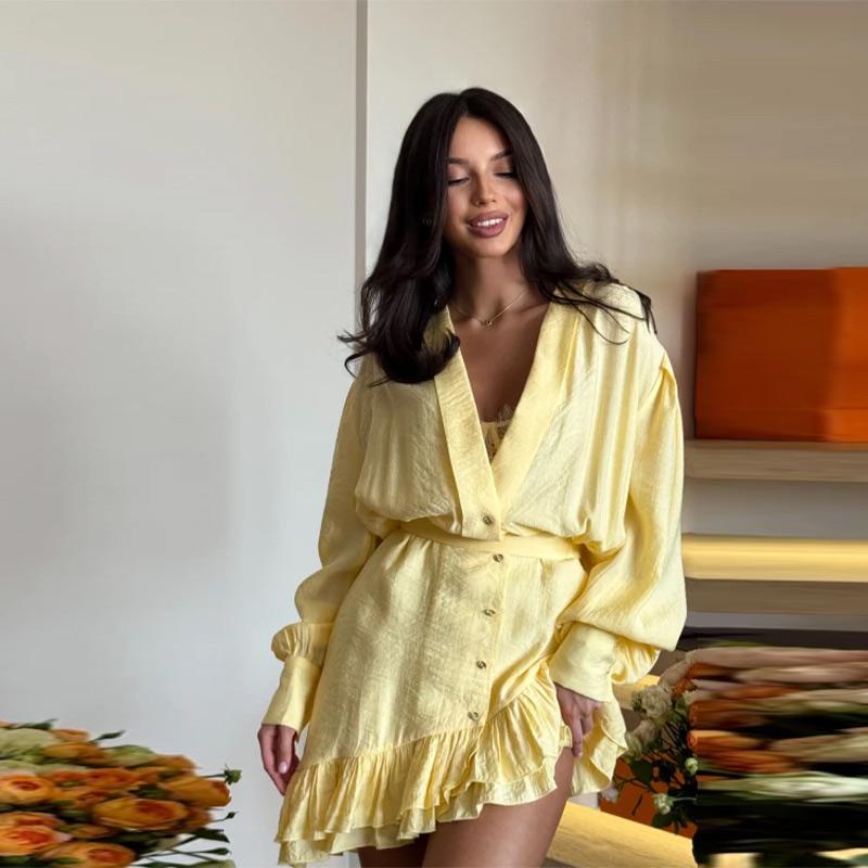 

Повсякденна сорочка міні-сукня жіноча вільна V-подібний виріз гудзики сукні леді довгий рукав весна літо вище коліна однотонна роба жіночий вуличний одяг S жовтий