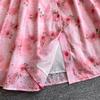 Gentle Pink Green and Yellow Embroidered Print Drop-Shoulder Shirt Dress for Women Summer Button-Down Belt Slim Midi Dress