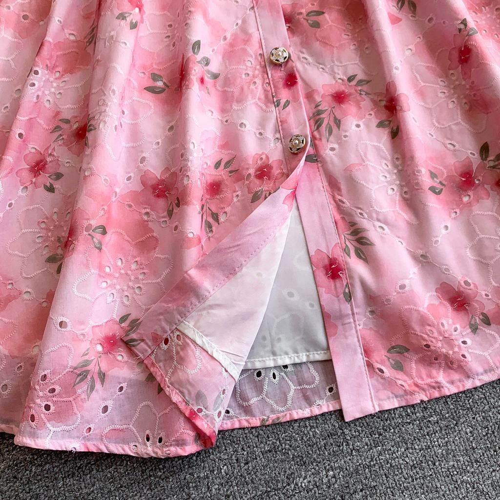 Gentle Pink Green and Yellow Embroidered Print Drop-Shoulder Shirt Dress for Women Summer Button-Down Belt Slim Midi Dress