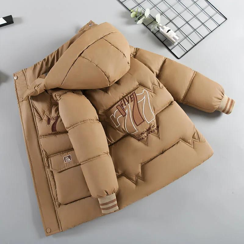 Zimní chlapecká bunda pro teenagery s potiskem písmene 7, podšitá sametem, silná teplá parka s kapucí na zip, kabát pro děti 6-14 let, bavlněný svrchní oděv