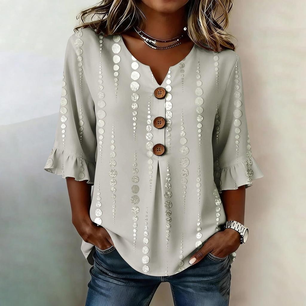 Womens V Neck Striped Print Button Loose Fit Ruffle Sleeve Blouse Casual Relaxed Fit Top for Everyday Wear