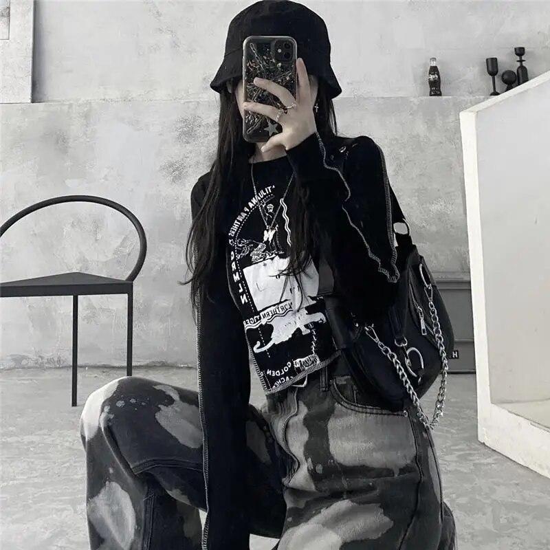 VAYLA Gothic Goth Style Tshirt Women Autumn Long Sleeve Grunge Crop Tops Vintage T-shirt Harajuku Tees Streetwear Clothes Punk