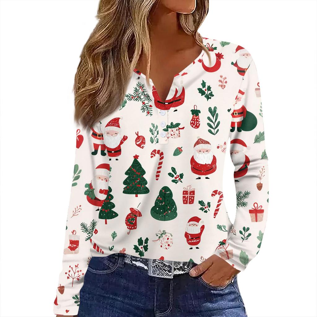 Damen T-Shirt mit Weihnachtsdruck, Knopfleiste, lange Ärmel, für den Alltag, Wochenende, modisch, Basic, V-Ausschnitt, normales Oberteil