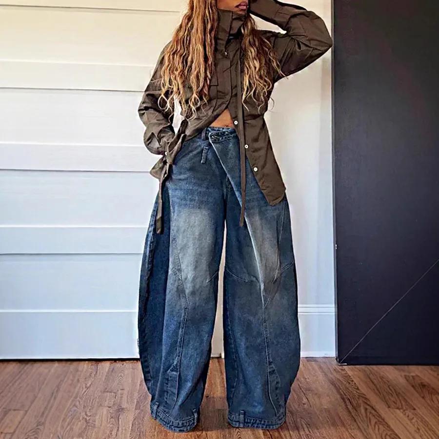 Wide Leg Pants Women Vintage Denim Jeans Punk Style Loose Trousers Stretch Mid Waist Washed Distressed