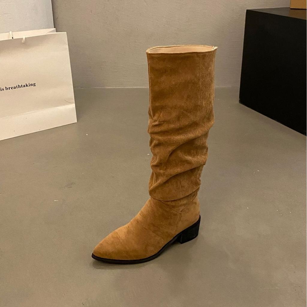 Pointed high-heeled khaki stacking boots women's shoes new spring and autumn winter thin long knight boots