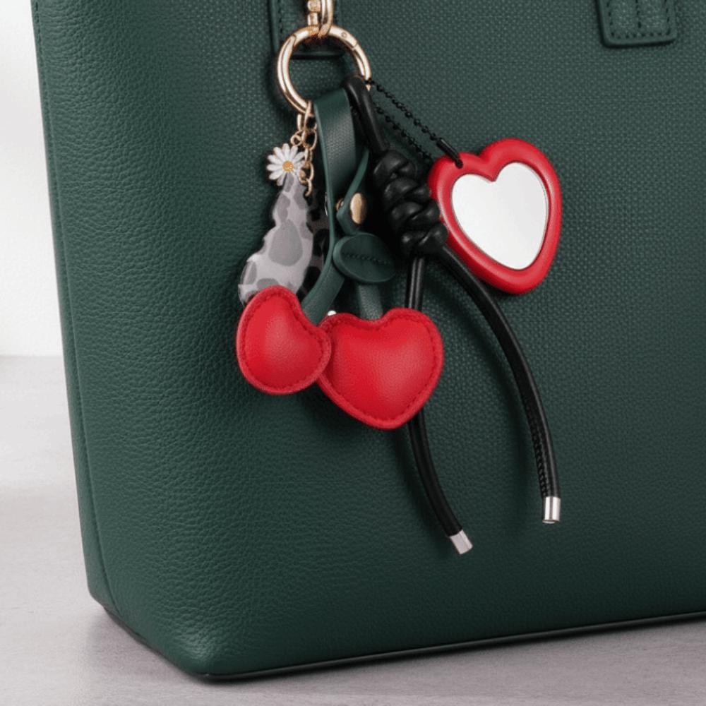 Heart-shaped Mirror Cherry Leather Keychain Bag Accessories Cat Cherry Bag Pendant Birthday Gift
