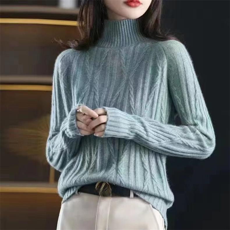 Cable Knit Sweater Women Autumn Winter Semi High Neck Korean Loose Solid Thick Outerwear Knit Top