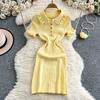 New French small fragrant lotus leaf edge lapel short-sleeved knitted dress women's slim and thin hip skirt