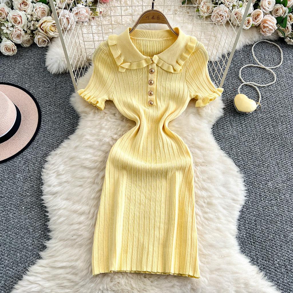 New French small fragrant lotus leaf edge lapel short-sleeved knitted dress women's slim and thin hip skirt