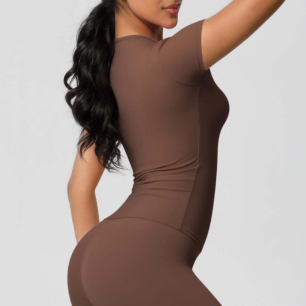 Solid color double-sided abraded tight sports short-sleeved T-shirt sports running fitness yoga clothes top women
