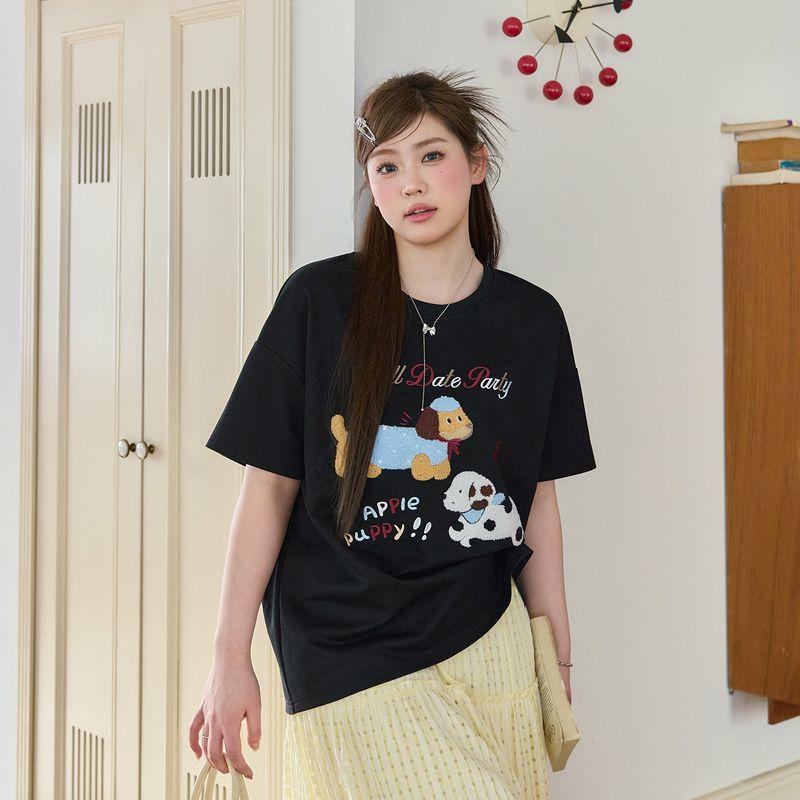 Zhang Ren Idle Style plus Size Women s Clothing That Makes You Look Younger Fat Sister mm Slimming Suit Korean Short Sleeve T-shirt A- line Skirt Black T-Shirt, Second Batch 4XL