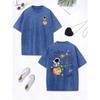 Cartoon Astronaut Space Adventure Prints Washed T-Shirt Womens Cotton Oversized Tops Distressed O-Neck T Shirt  Clothes
