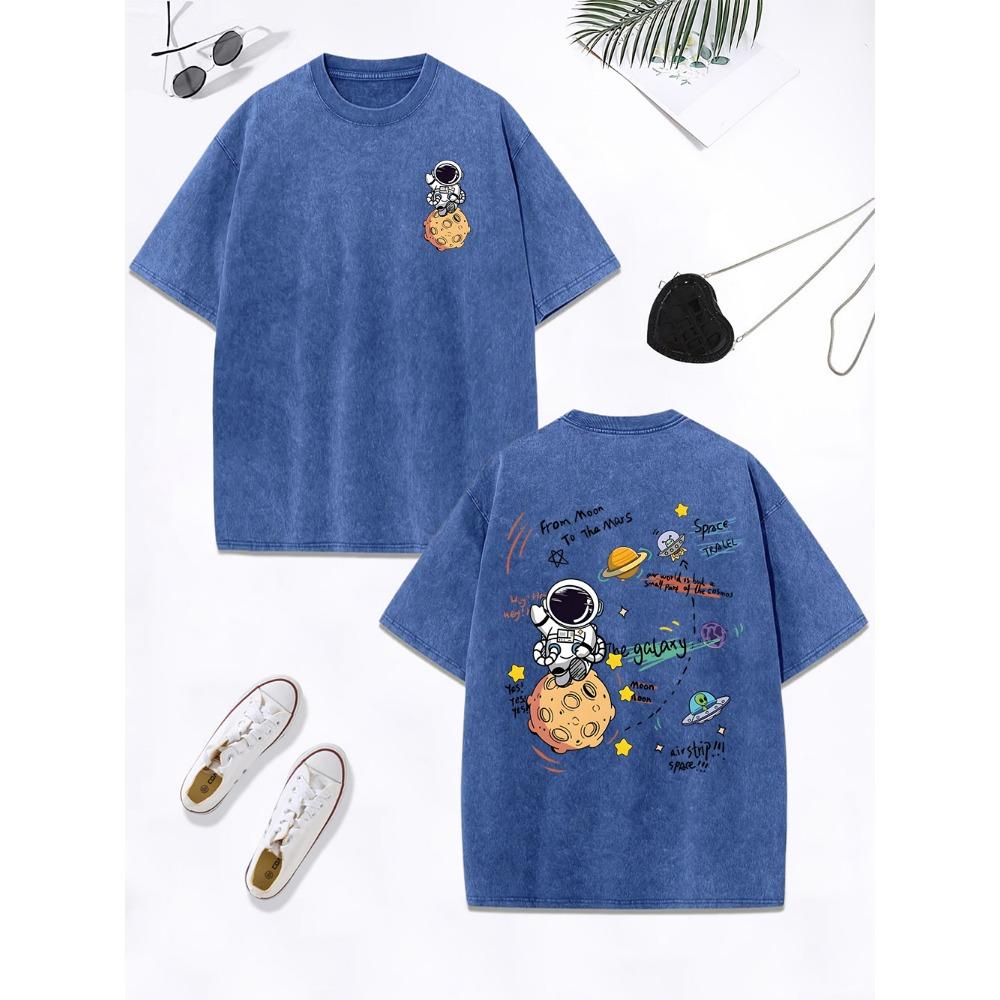 Cartoon Astronaut Space Adventure Prints Washed T-Shirt Womens Cotton Oversized Tops Distressed O-Neck T Shirt  Clothes