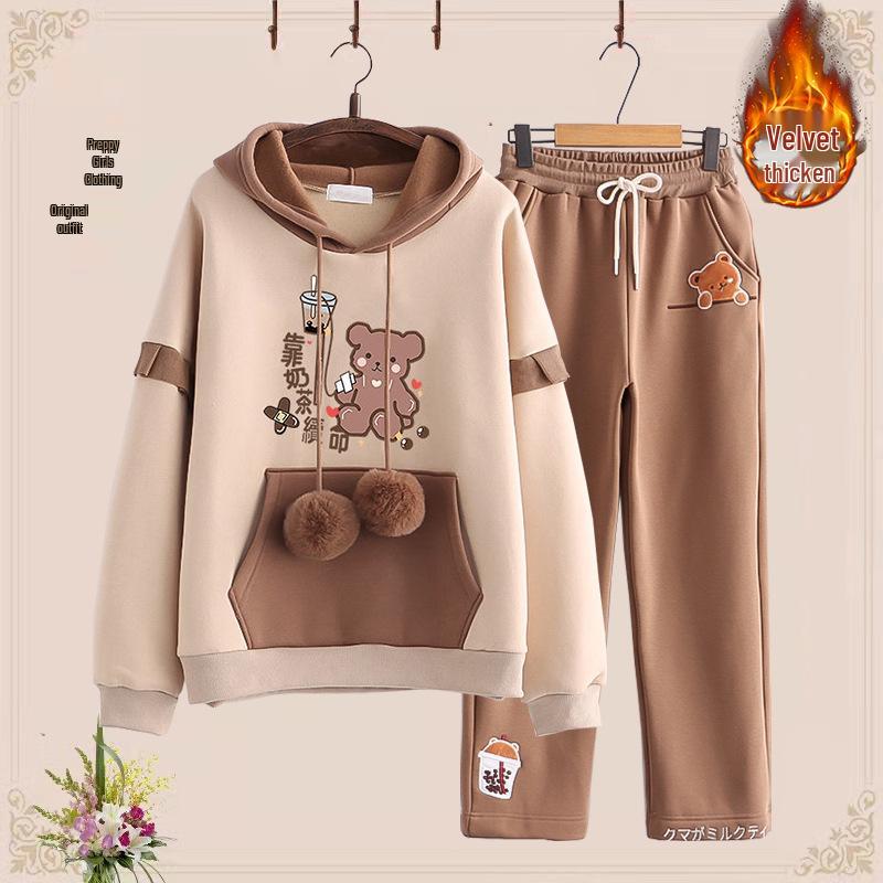 Podzimní/Zimní Sametová Zesílená Dvoudílná Sada pro Dívky (Věk 12-15): Mikina a ležérní sportovní oblečení