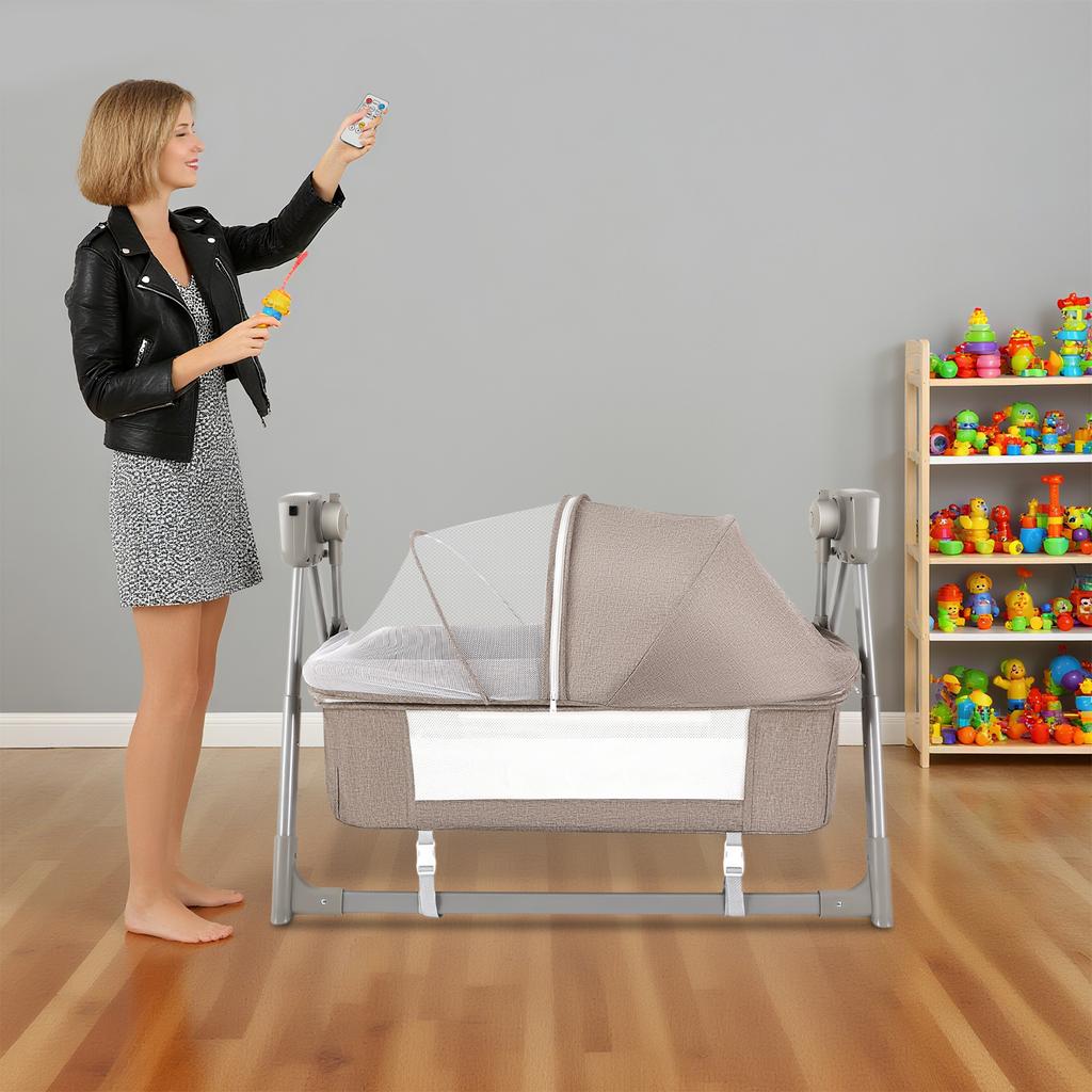 Electric Baby Cradle Swing with Canopy & Remote Control, Auto Rocking Bassinet Bed, Infant Sleeper Cot, 5 Speeds Adjustable