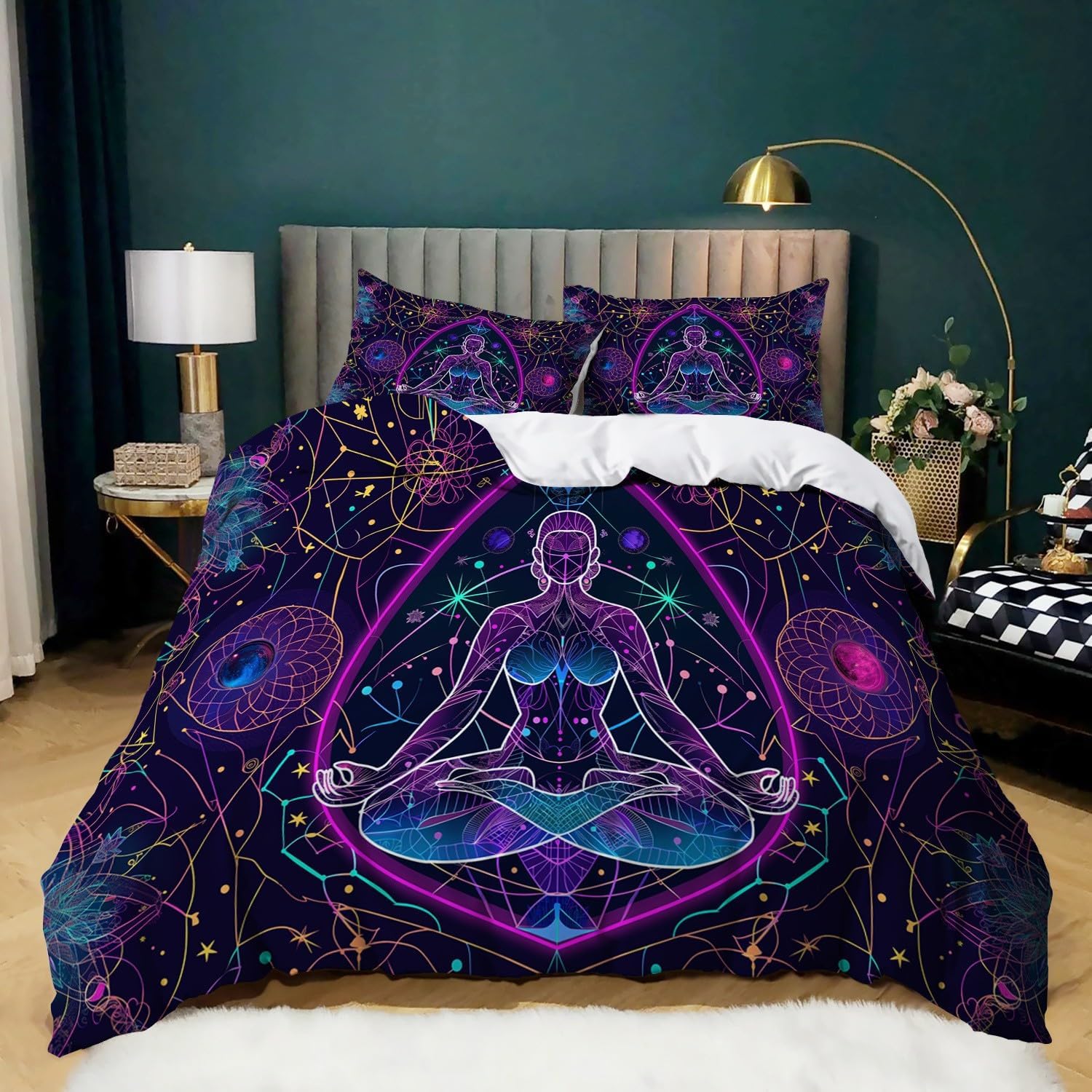 

Yoga Duvet Cover Full King Chakra Meditation Bedding Set,Mandala Comforter Cover Boho Hippie Style With Chakra Art Print Bed Set EU Single(135x200cm)