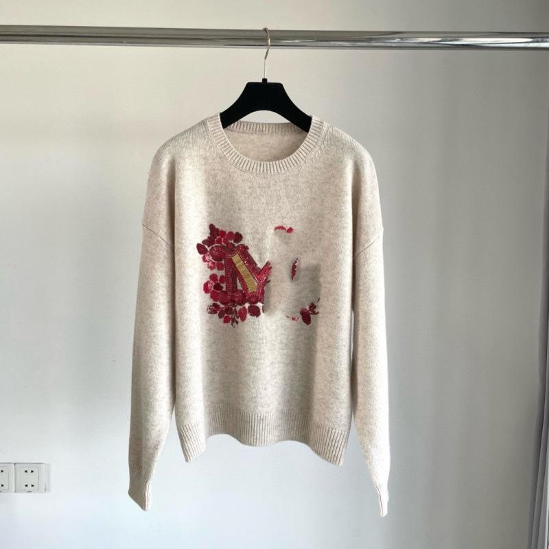 

Spring/Autumn 2025 Cashmere Knitwear with Sequin Letter Embroidery, Round Neck, Long Sleeve, Regular Thickness, Medium Soft. Large грязно-белый
