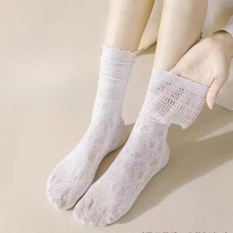 

Белые махровые полые носки до середины икры, Тонкие носки, Ледяные носки, Тонкие носки, Кружевные носки, Сетчатое кружево, Лето 1 pair