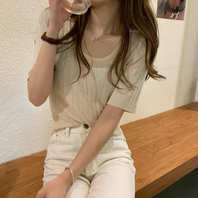 French Waist Top Summer Women's New U Neck Thin Ice Silk Knit Short Sleeve T-shirt Square Neck Short Shirt