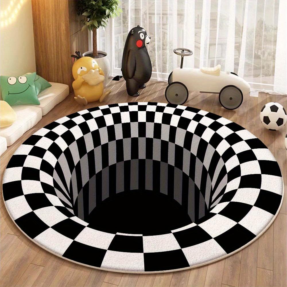 3D Schwarz-Weiß Kariertes Muster Runder Teppich, Rutschfeste Fußmatte für Wohnzimmer, Schlafzimmer, Badezimmer, Ferienhaus-Dekoration