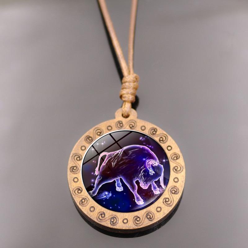 Twelve Constellations Time Glass Wooden Retro Brown Wax Rope Male and Female Couple Birthday Gift Pendant Necklace