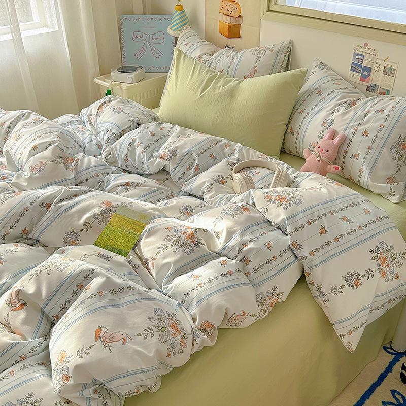 Cream Pure Cotton 4 Piece Bed Sheet Set Washable All Cotton Duvet Cover Pillowcase Class A 3 Piece Set Soft Comfortable Bedding