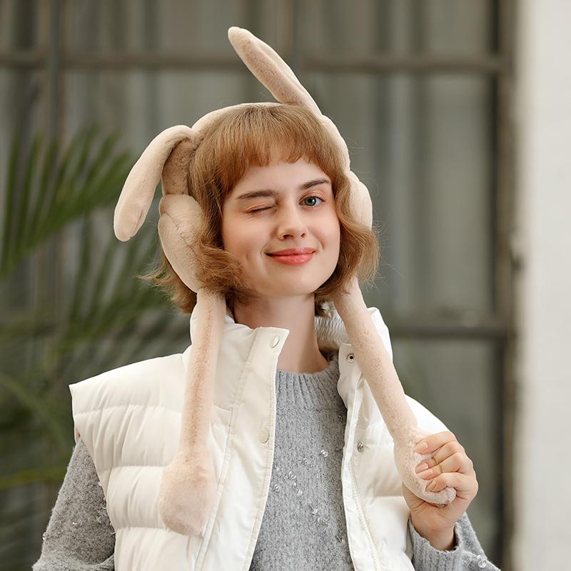 Women's Winter Soft Faux Fur Cute Rabbit Ear Foldable Ear Protection Windproof Traveling Ski Earmuffs
