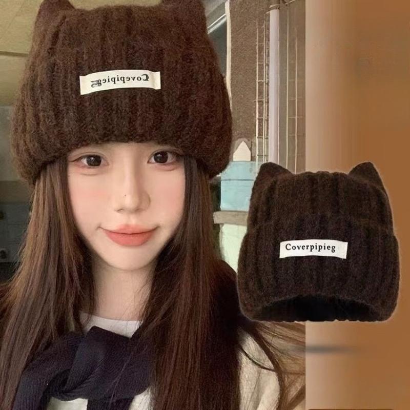 Kitten Ears Wool Hat Women's Autumn and Winter Korean Versatile Knitted Hat Big Head Circumference Showing Small Face Thickened Warm Cold Hat