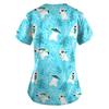 Women's Printing Short Sleeve V-neck Tops Working Uniform Pocket Blouse