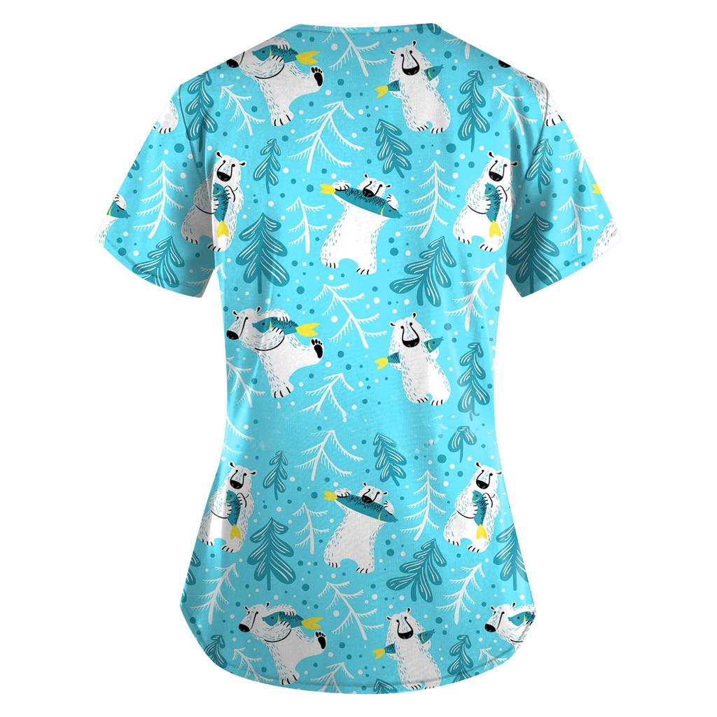 Women's Printing Short Sleeve V-neck Tops Working Uniform Pocket Blouse