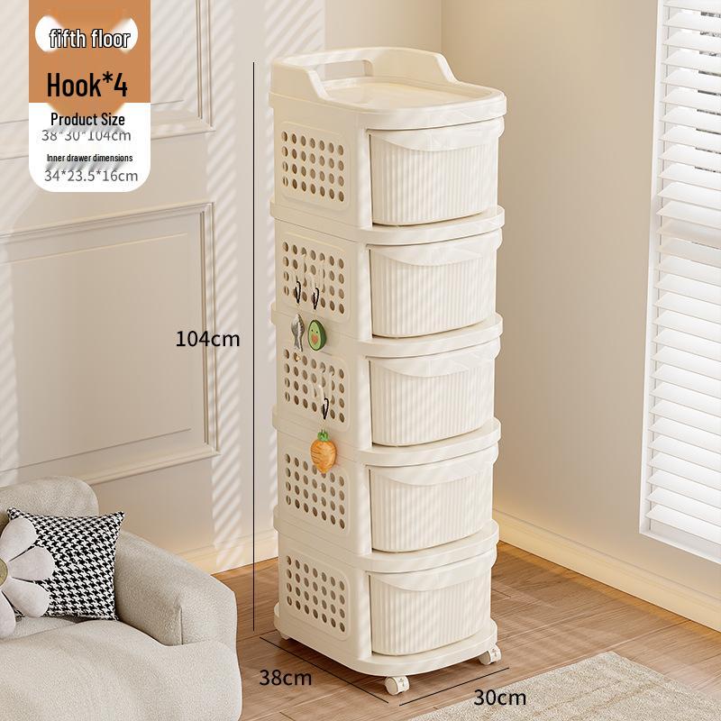 Compact Cream Baby Toy and Snack Storage Rack: Floor-Standing, Movable Cabinet for Baby Gear