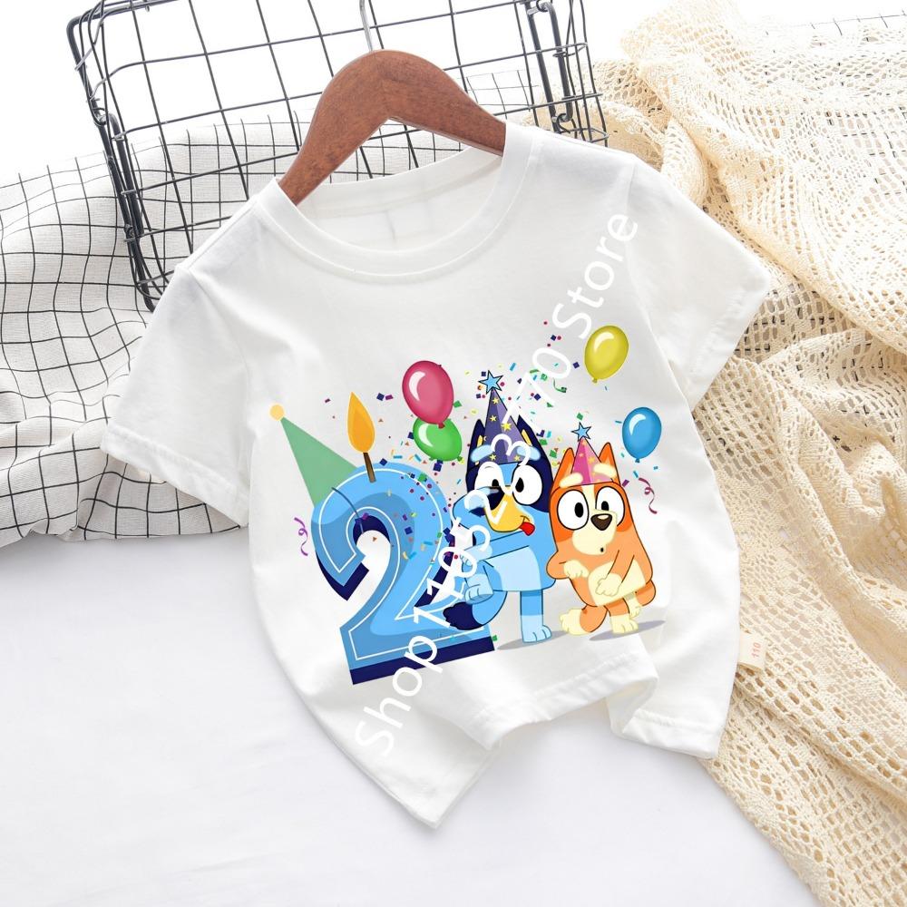 Bluey Baby Birthday T Shirt for Boys Girl Bingo Number Kids Clothes Summer Cartoon Letter Tees Shirts Toddler Short Sleeve Tops