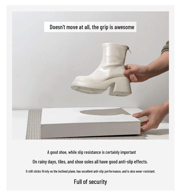 Women's White Platform Ankle Boots - Height-Increasing, Elastic Slim Fit, Genuine Leather Martin Style