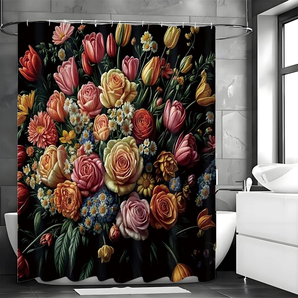 Spring Colorful Flower Shower Curtain, Bathroom Decorative Shower Curtain, Waterproof Shower Curtain with Hooks