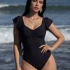 New Simple Solid Color Ruffle Edge One-piece Swimsuit European and American Fashion and Thin Seaside Vacation Swimsuit Women