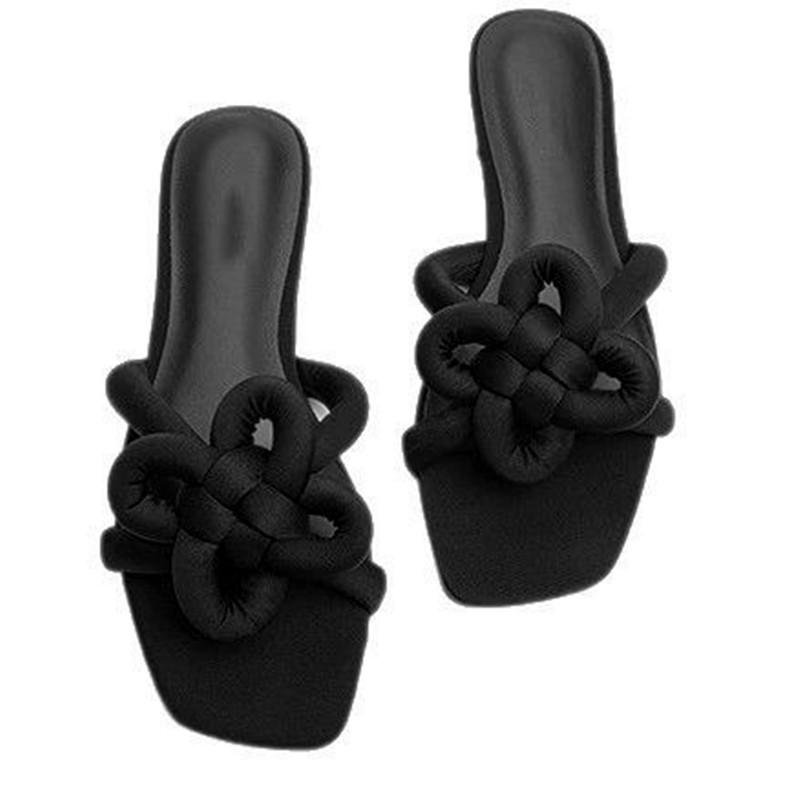 Fashion Fashion Ethnic Style Flat Slippers Women Cute Light Square Toe Open Toe Slide Sandals Cozy Satin Flip-flops Summer Beach Shoes