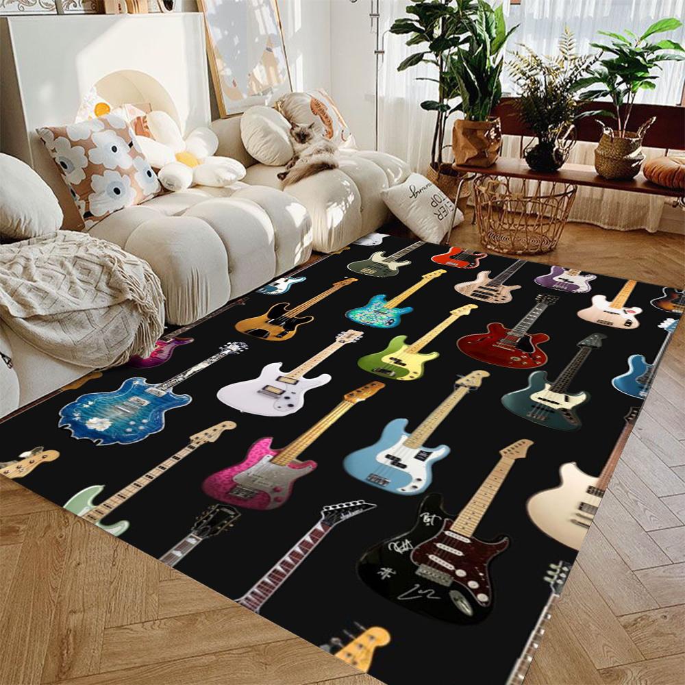 Guitar-Themed Carpet for Living Room Bedrooms Large Flannel Area Rug for Drum Kit Room Anti-slip Floor Mat Washable