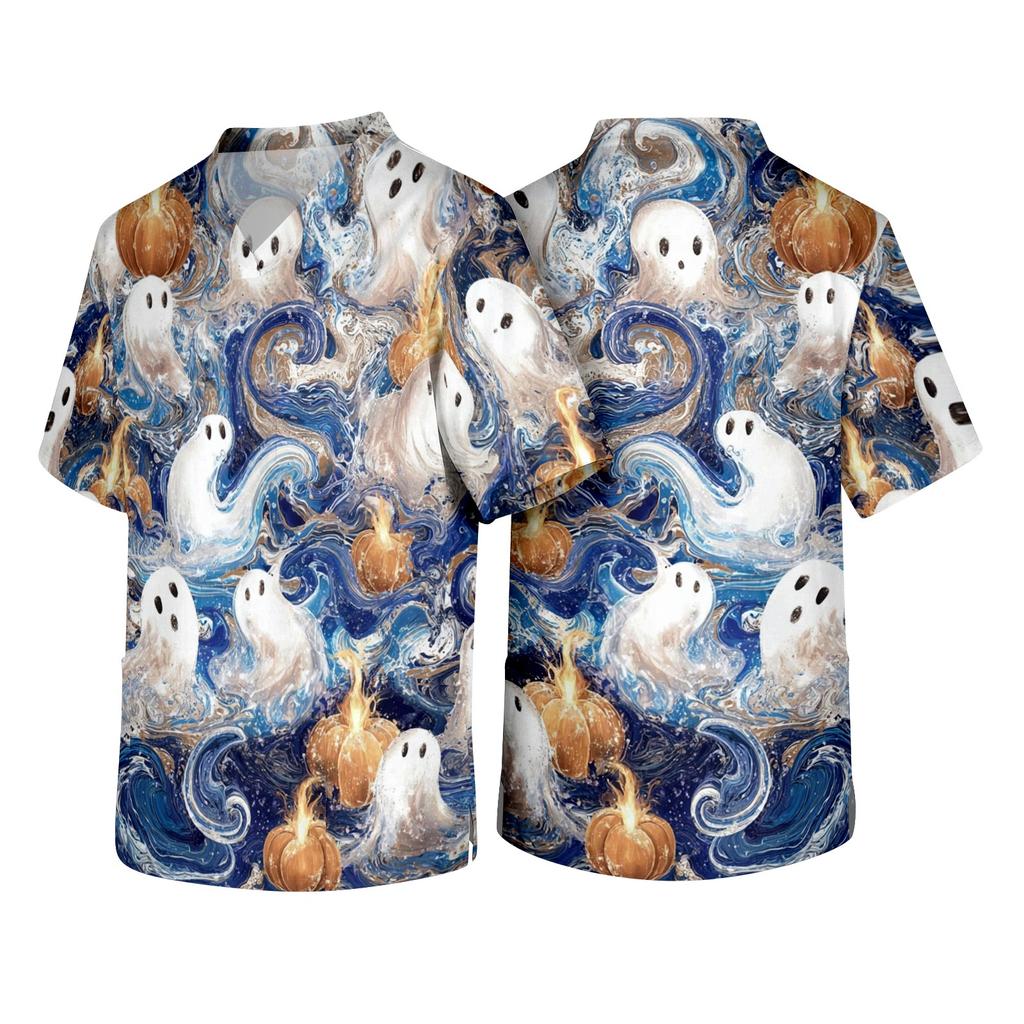 Men's V Neck Halloween Print Scrub Top with Chest Pocket and Two Front Pockets for Healthcare Professionals Workwear