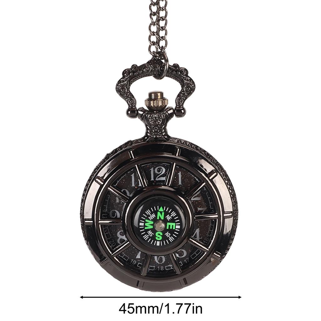 Vintage Pocket Watch Quartz Movement Hollow Out Dial Compass Men Pocket Watch with Chain Black